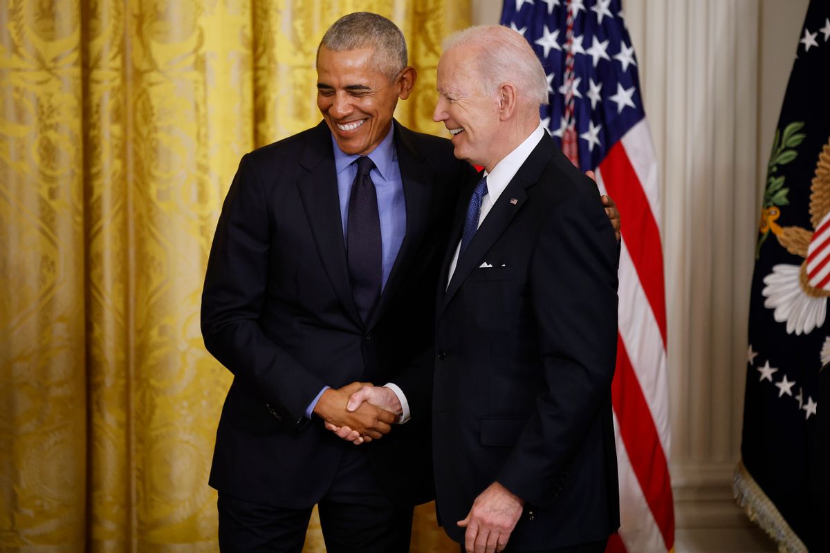 WASHINGTON, DC - APRIL 05: Former President Barack Obama (L) and U.S. President Joe Biden shake hands during an event to mark the 2010 passage of the Affordable Care Act in the East Room of the White House on April 05, 2022 in Washington, DC. With then-Vice President Joe Biden by his side, Obama signed 'Obamacare' into law on March 23, 2010.  (Photo by Chip Somodevilla/Getty Images) (Chip Somodevilla/Getty Images)
