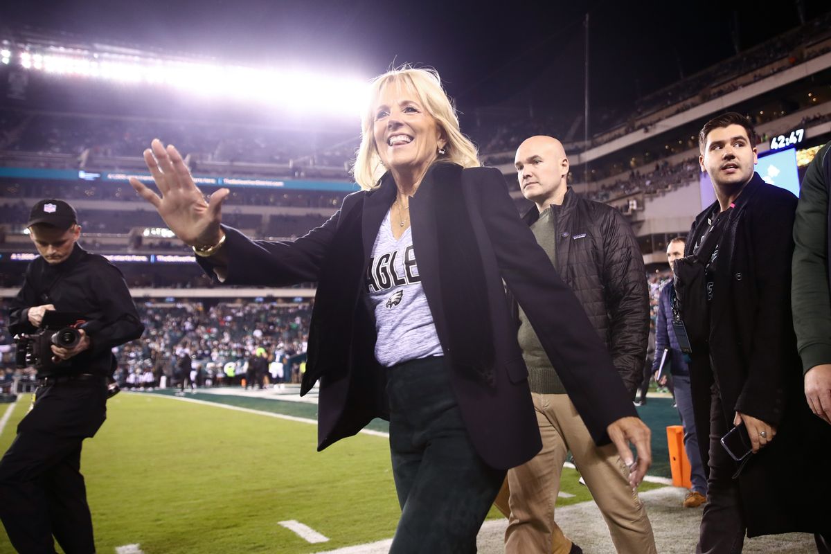 PHILADELPHIA, PENNSYLVANIA - OCTOBER 16: First Lady of the United States of America Jill Biden walks the sideline prior to the game between the Philadelphia Eagles and the Dallas Cowboys at Lincoln Financial Field on October 16, 2022 in Philadelphia, Pennsylvania. (Photo by Tim Nwachukwu/Getty Images) (Tim Nwachukwu/Getty Images)
