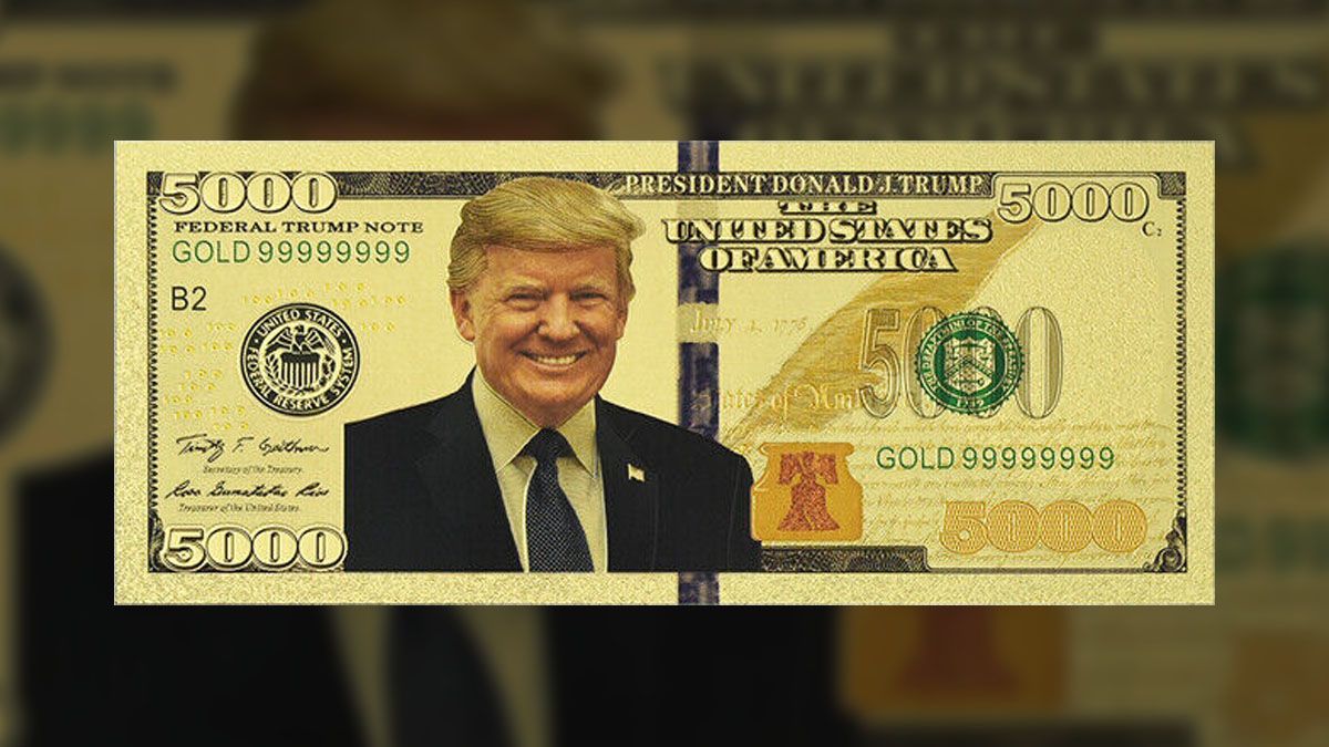 A Reddit user who claimed to work at a bank said that a couple tried to pass off a fake $5000 gold bill with Trump's face on it as if it was real money. (eBay)