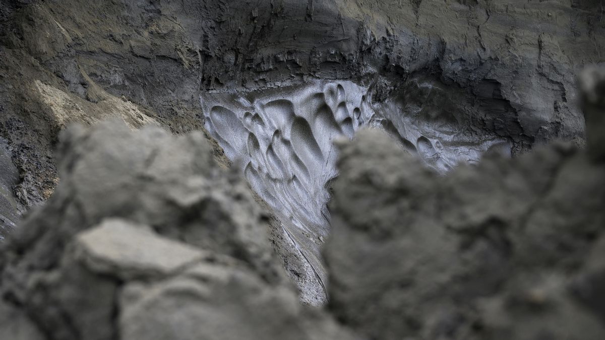 Permafrost, seen at the top of the cliff, melts into the Kolyma River, Siberia, Russia on July 6, 2019. (Michael Robinson Chavez/The Washington Post via Getty Images)
