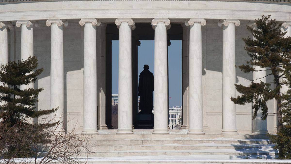 The Jefferson Memorial monument is seen with the statue of Thomas Jefferson in the center, and the White House to the rear on Feb. 12, 2010, in Washington, DC. (Courtesy: PAUL J. RICHARDS/AFP via Getty Images) (PAUL J. RICHARDS/AFP via Getty Images)