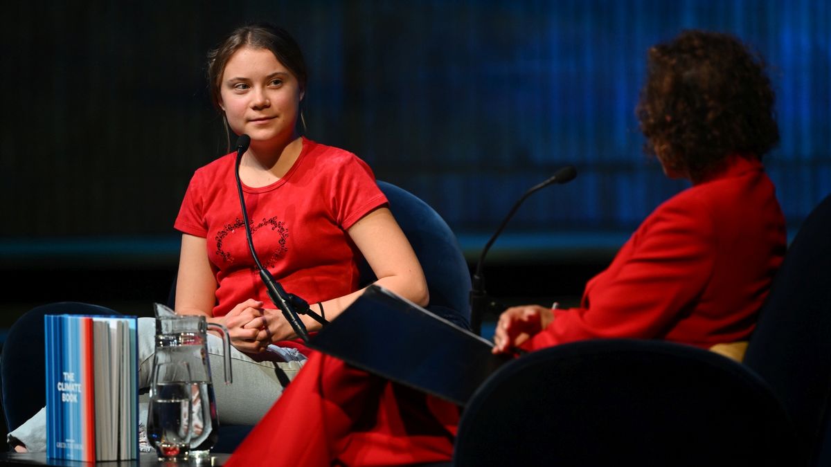 Greta Thunberg speaks on stage during the global launch of "The Climate Book" at The Royal Festival Hall on October 30, 2022. (Kate Green/Getty Images)