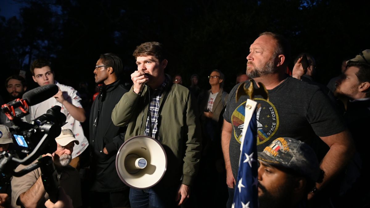 Nick Fuentes, Alex Jones, and Ali Alexander are pictured during a Stop the Steal rally at the governor's mansion in Georgia on Nov. 19, 2020. (Photo by Zach Roberts/NurPhoto via Getty Images) (Zach Roberts/NurPhoto via Getty Images)