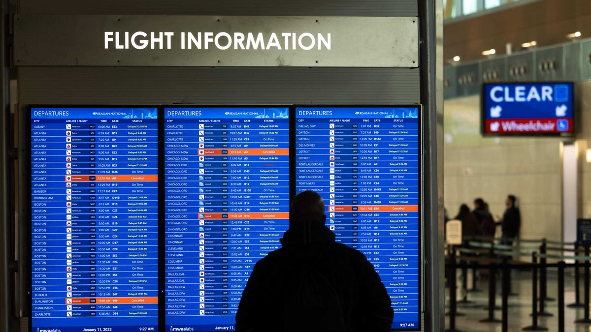 A traveler looks at a flight information display listing cancelled and delayed flights due to an FAA outage that grounded flights across the U.S. at Ronald Reagan Washington National Airport in Arlington, Virginia, on Jan. 11, 2023. (Photo by SAUL LOEB/AFP via Getty Images) (SAUL LOEB/AFP via Getty Images)