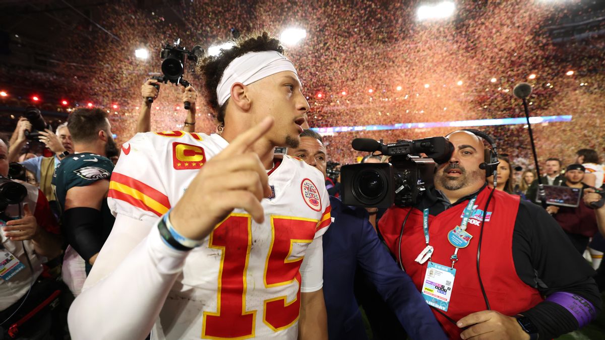 Patrick Mahomes of the Kansas City Chiefs celebrates after beating the Philadelphia Eagles in Super Bowl LVII at State Farm Stadium on February 12, 2023 in Glendale, Arizona. (Photo by Christian Petersen/Getty Images) (Christian Petersen/Getty Images)