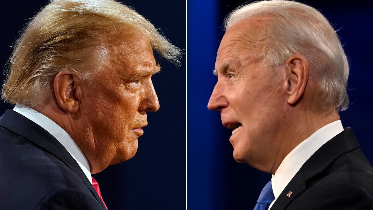 This combination of pictures created on Oct. 22, 2020 shows Donald Trump Joe Biden during the final presidential debate at Belmont University in Nashville, Tennessee. (Photo by MORRY GASH and JIM WATSON/AFP via Getty Images) (MORRY GASH and JIM WATSON/AFP via Getty Images)