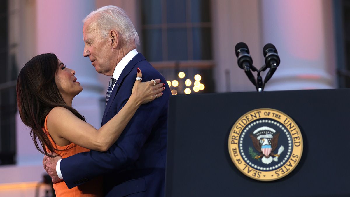 U.S. President Joe Biden hugs film director Eva Longoria during a screening of the film “Flamin’ Hot” at the White House on June 15, 2023. (Photo by Alex Wong/Getty Images) (Alex Wong/Getty Images)