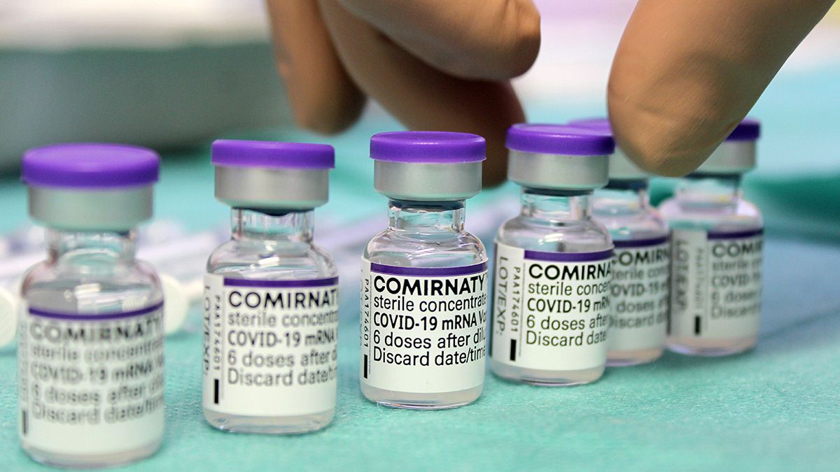 Vials of the Pfizer-BioNTech Covid-19 vaccine, Comirnaty on Nov. 19, 2021 in Bari, Italy. (Photo by Donato Fasano/Getty Images) (Donato Fasano/Getty Images)