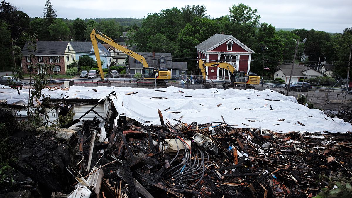 The remains of First Congregational Church of Spencer in Massachusetts, photographed on June 3, 2023. (Jonathan Wiggs/The Boston Globe via Getty Images) (Jonathan Wiggs/The Boston Globe via Getty Images)
