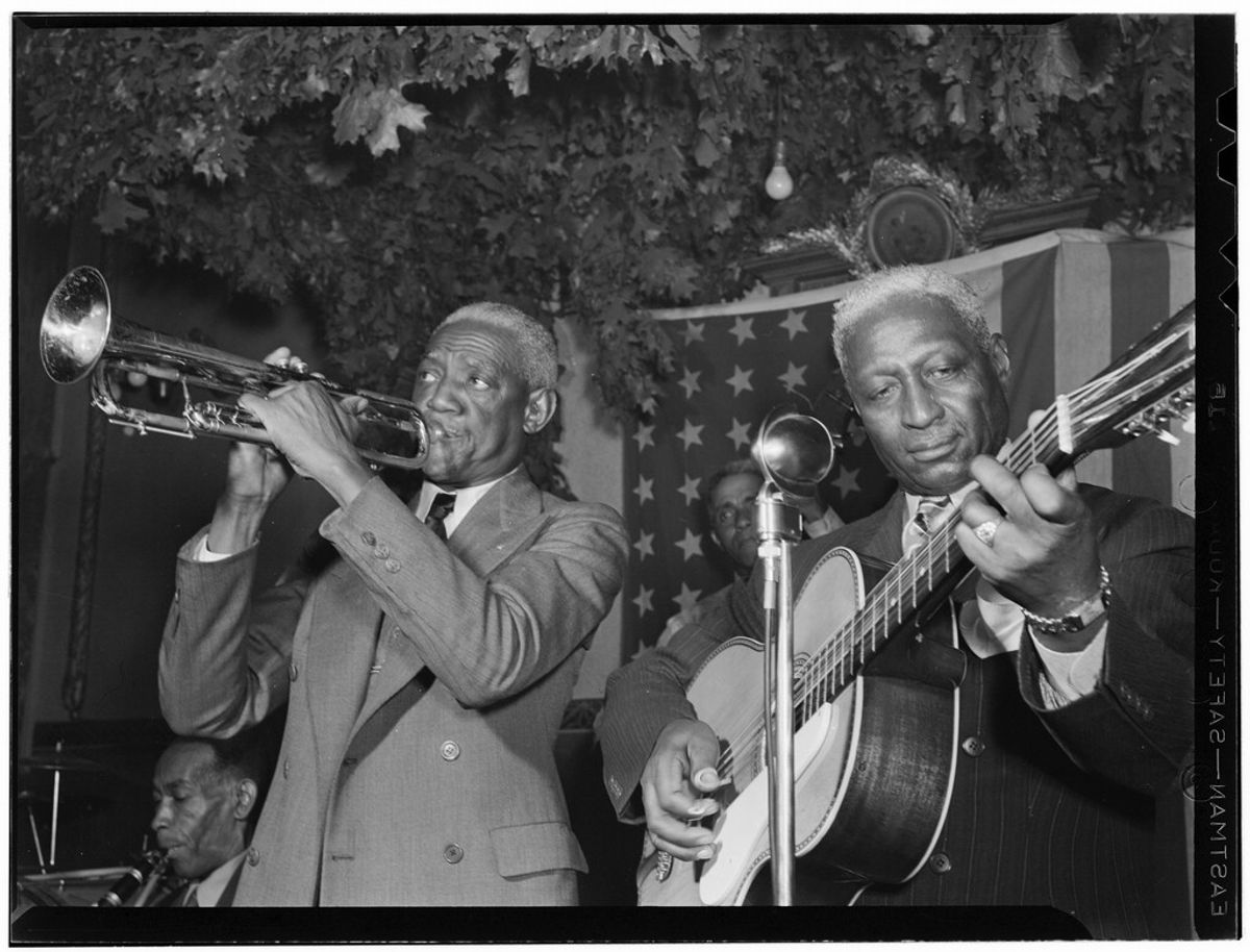Portrait of Bunk Johnson, Lead Belly, George Lewis, and Alcide Pavageau in the Stuyvesant Casino, New York, N.Y., ca. June 1946. (The Library of Congress )