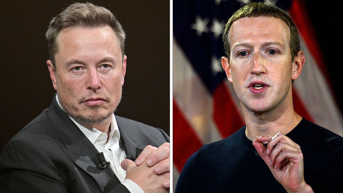 This combination of file photographs shows Elon Musk and Mark Zuckerberg, who are in a fierce business rivalry that has spilt over into a playground spat, with the two men offering to fight each other in a cage. (Photo by ALAIN JOCARD, ANDREW CABALLERO-REYNOLDS/AFP via Getty Images) (ALAIN JOCARD, ANDREW CABALLERO-REYNOLDS/AFP via Getty Images)
