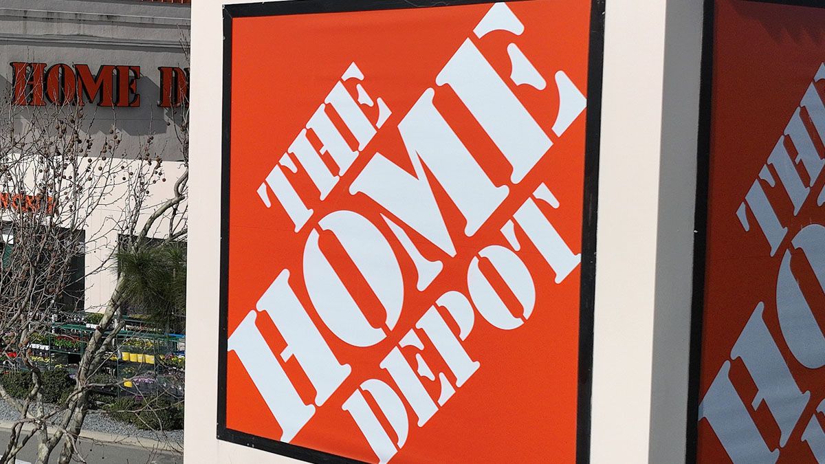 In an aerial view, a sign is seen posted on the exterior of a Home Depot store on Feb. 21, 2023 in El Cerrito, California. Home improvement retailer Home Depot announced plans to spend an estimated $1 billion to raise pay and benefits for hourly workers at its stores. (Photo by Justin Sullivan/Getty Images) (Justin Sullivan/Getty Images)