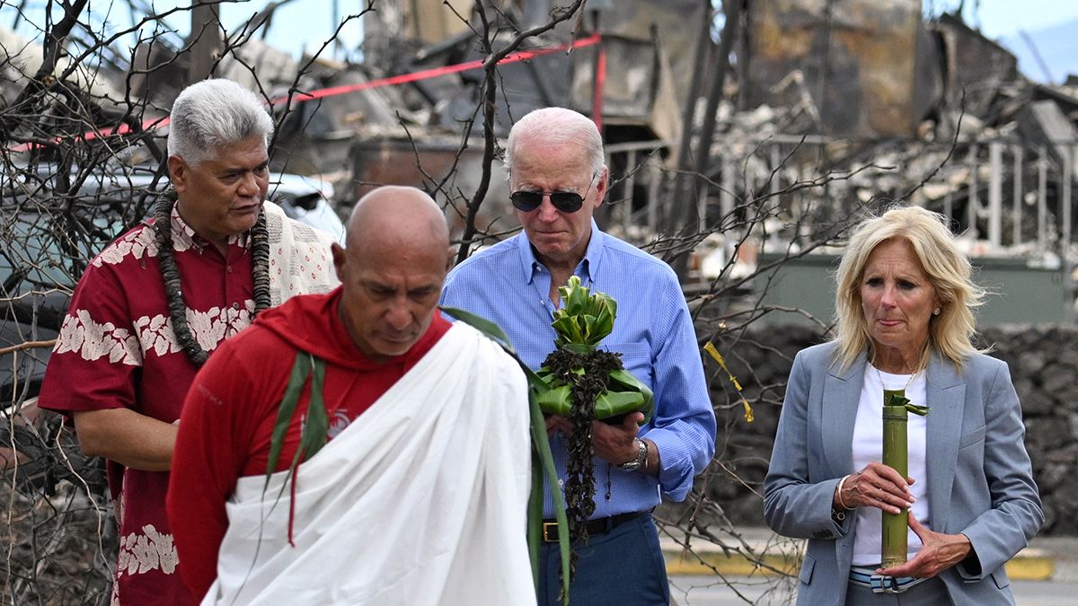 President Joe Biden and the first lady, Jill, participate in a blessing ceremony with the Lahaina elders at Moku'ula following wildfires in Lahaina, Hawaii on Aug. 21, 2023. (Photo by MANDEL NGAN/AFP via Getty Images) (MANDEL NGAN/AFP via Getty Images)