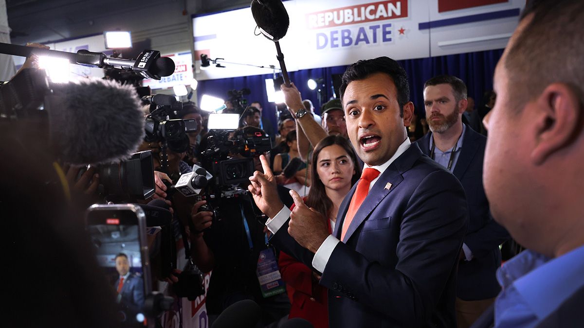 Republican presidential candidate Vivek Ramaswamy talks to members of the media in the spin room following the first debate of the GOP primary season hosted by FOX News at the Fiserv Forum on Aug. 23, 2023 in Milwaukee, Wisconsin. (Photo by Scott Olson/Getty Images) (Scott Olson/Getty Images)