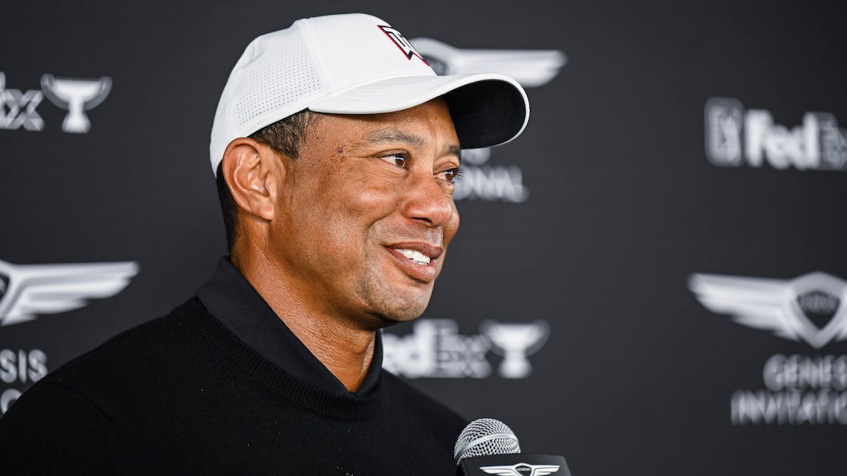 Tiger Woods smiles during a press conference following the second round of the Genesis Invitational at Riviera Country Club on February 17, 2023 in Pacific Palisades, California. (Photo by Keyur Khamar/PGA TOUR via Getty Images) (Keyur Khamar/PGA TOUR via Getty Images)