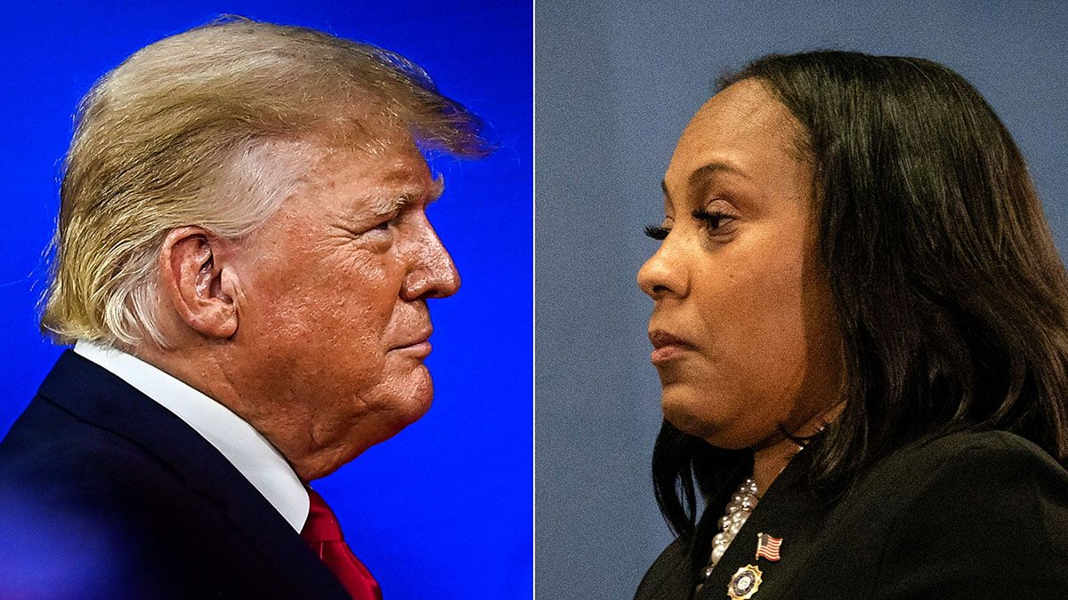 This combination of pictures created on Aug. 14, 2023 shows Former President Donald Trump in Orlando, Florida, on Feb. 26, 2022 and Fulton County District Attorney Fani Willis on Aug. 14, 2023, in Atlanta, Georgia. (Photo by CHANDAN KHANNA and Christian MONTERROSA / AFP) (Photo by CHANDAN KHANNA,CHRISTIAN MONTERROSA/AFP via Getty Images) (CHANDAN KHANNA and CHRISTIAN MONTERROSA/AFP via Getty Images)