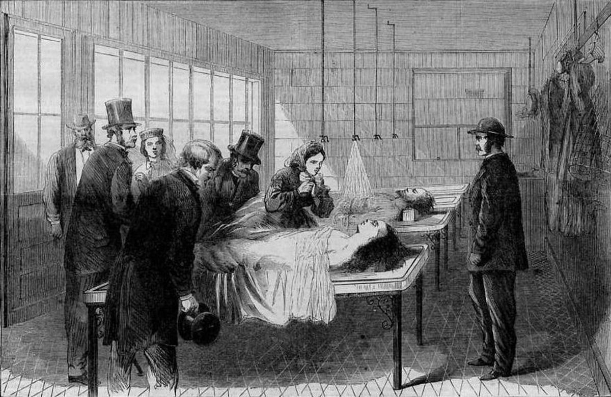 A Scene in the New York Morgue -- Identification of the Unknown Dead, a wood engraving sketched by Stanley Fox and published in Harper's Weekly, July 7, 1866. The city's first morgue opened in 1866 on the grounds of Bellevue Hospital near the East River. (Harper's Weekly/Public Domain)