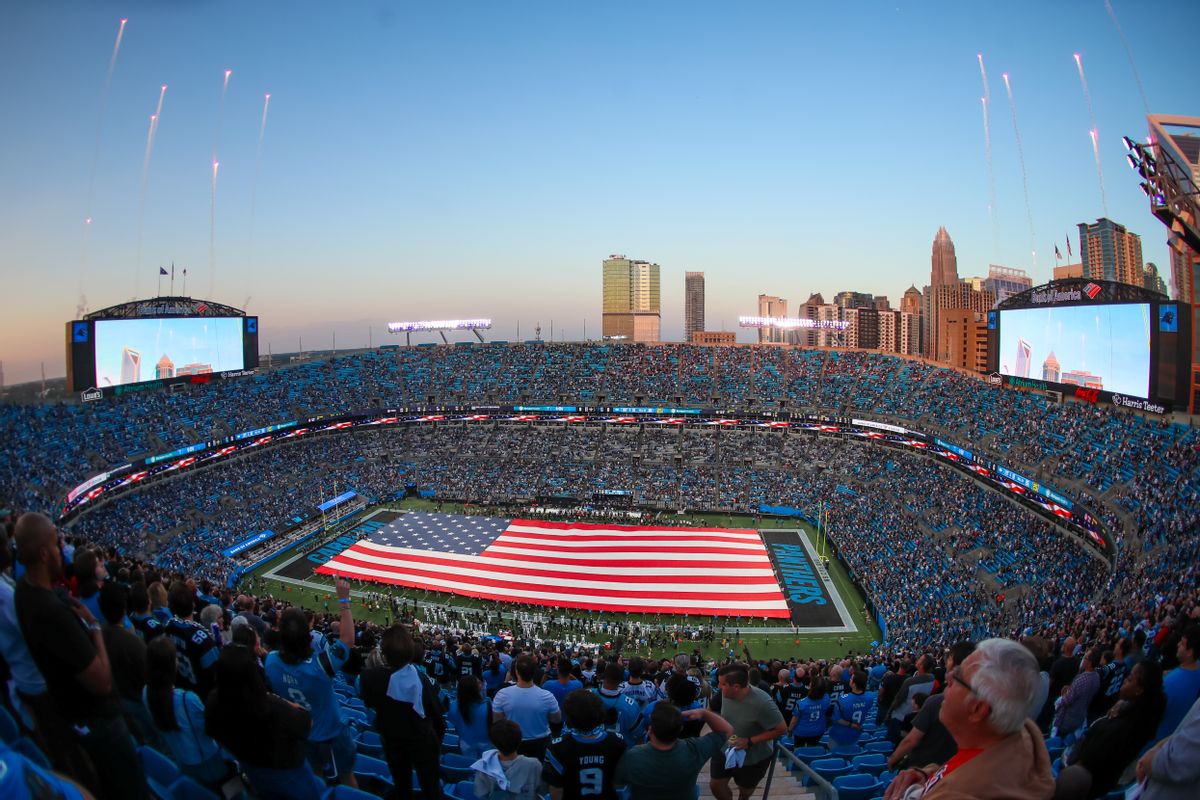 A flag fills the field during the National Anthem before a football game between the Carolina Panthers and the New Orleans Saints at Bank of America Stadium in Charlotte, North Carolina on Sep 18, 2023.  (David Jensen/Icon Sportswire via Getty Images)
