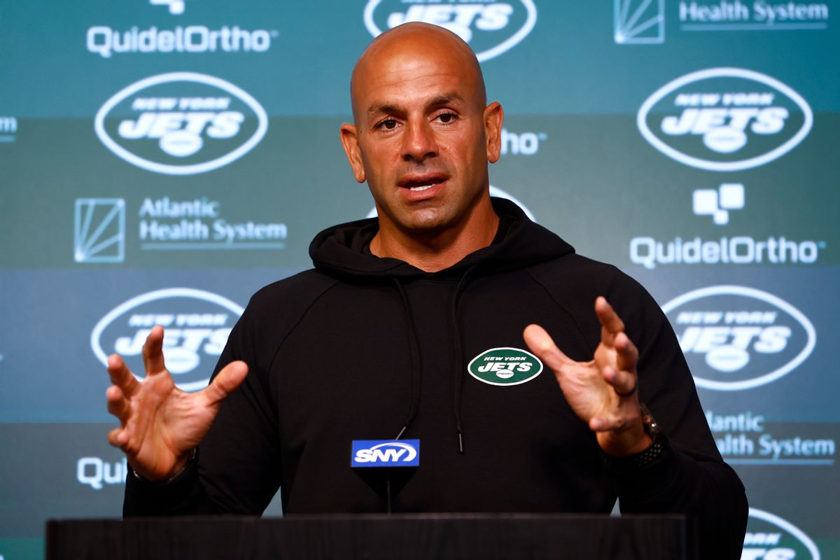Head coach Robert Saleh of the New York Jets talks to reporters before the teams OTAs at Atlantic Health Jets Training Center on June 6, 2023 in Florham Park, New Jersey.  (Rich Schultz/Getty Images)