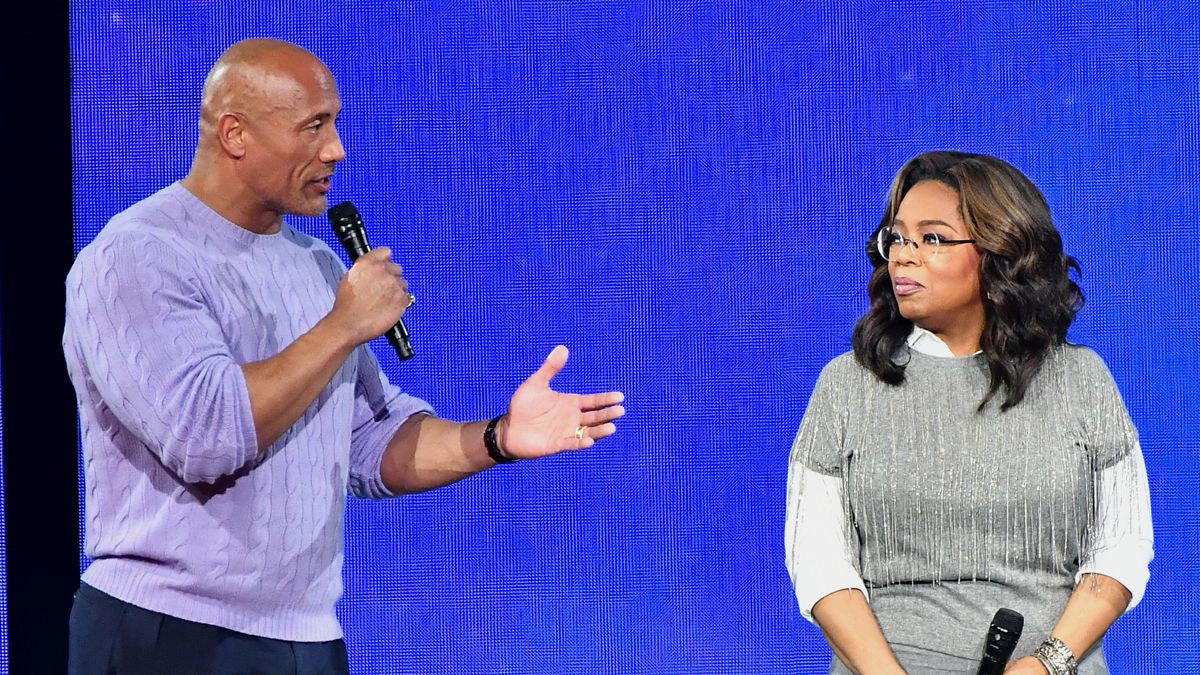 Dwayne Johnson, Oprah Winfrey, and Erik Pimentel onstage during Oprah's 2020 Vision: Your Life in Focus Tour presented by WW (Weight Watchers Reimagined) at State Farm Arena on Jan. 25, 2020 in Atlanta, Georgia. (Photo by Paras Griffin/Getty Images for Oprah) (Paras Griffin/Getty Images for Oprah)