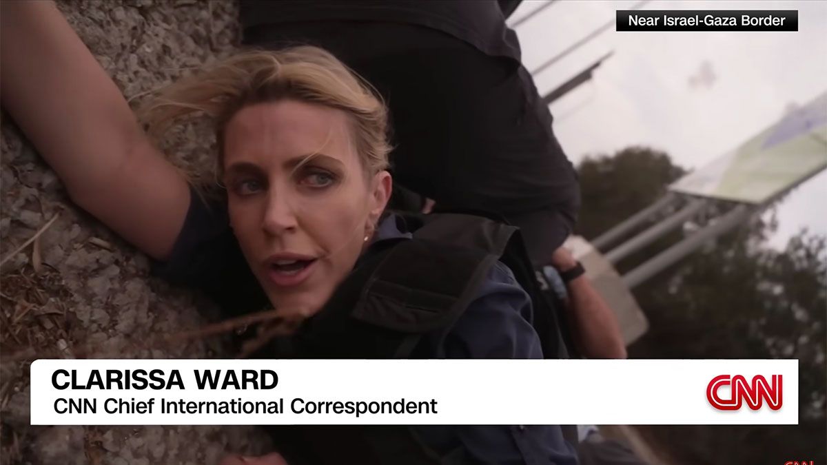 CNN's chief international correspondent Clarissa Ward and her team take shelter from rockets near the Israel-Gaza border on Oct. 9, 2023. (CNN/YouTube)