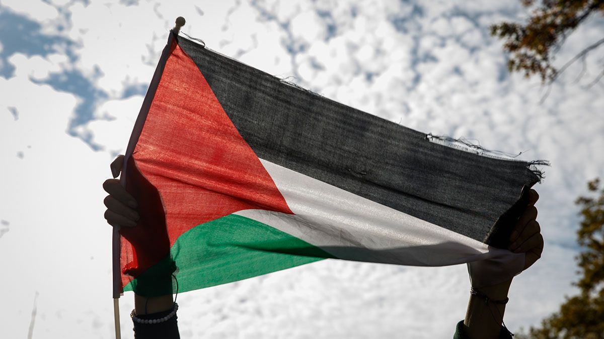 A person waving a Palestinian flag attends a separate demonstration in Pittsburgh, Pennsylvania, on Oct. 14, 2023. (Photo by Maranie R. Staab/Anadolu via Getty Images) (Maranie R. Staab/Anadolu via Getty Images)