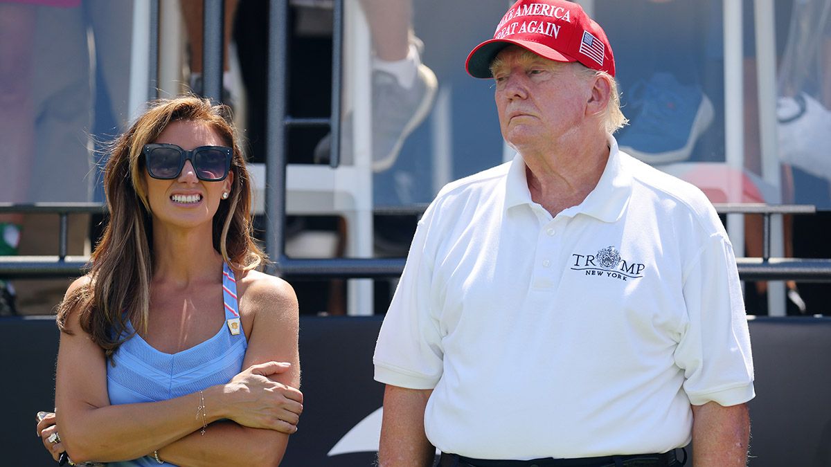 Former President Donald Trump and Attorney Alina Habba at the first tee during day three of the LIV Golf Invitational - Bedminster at Trump National Golf Club on Aug. 13, 2023 in Bedminster, New Jersey. (Photo by Mike Stobe/Getty Images) (Mike Stobe/Getty Images)