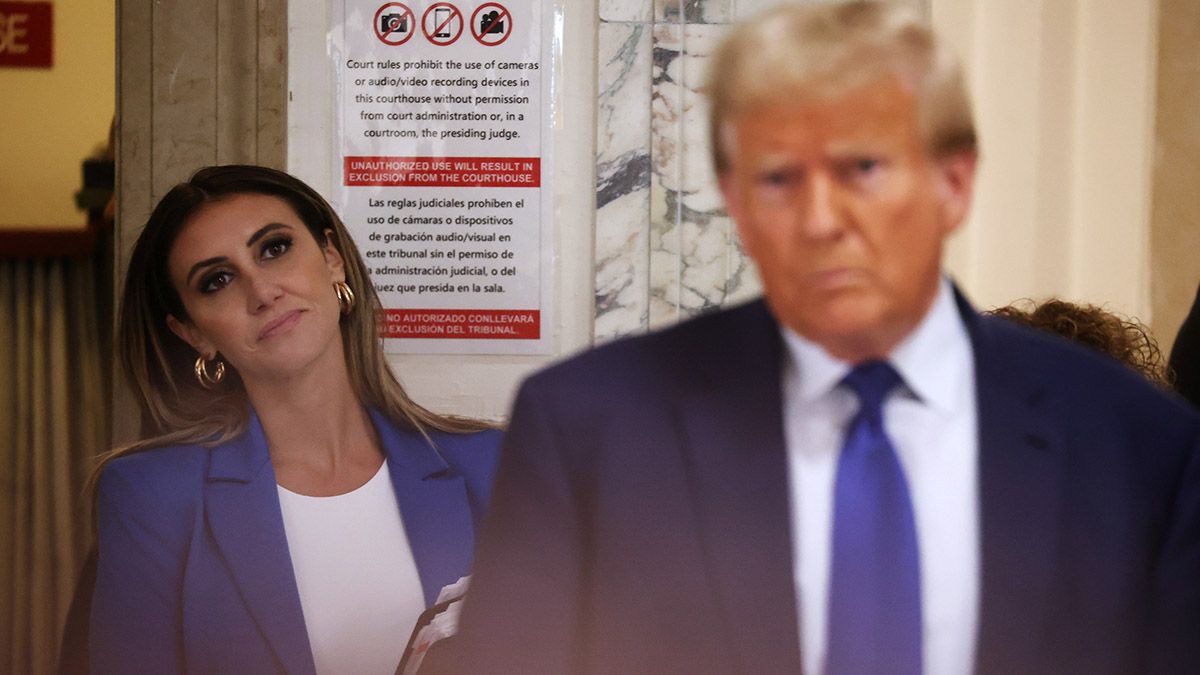 One of former President Donald Trump's lawyers, Alina Habba, watches as Trump speaks to the media moments after he was fined $10,000 for what Justice Arthur Engoron in New York says is his second violation of a partial gag order at his civil fraud trial at New York State Supreme Court on Oct. 25, 2023 in New York City. (Photo by Spencer Platt/Getty Images) (Spencer Platt/Getty Images)