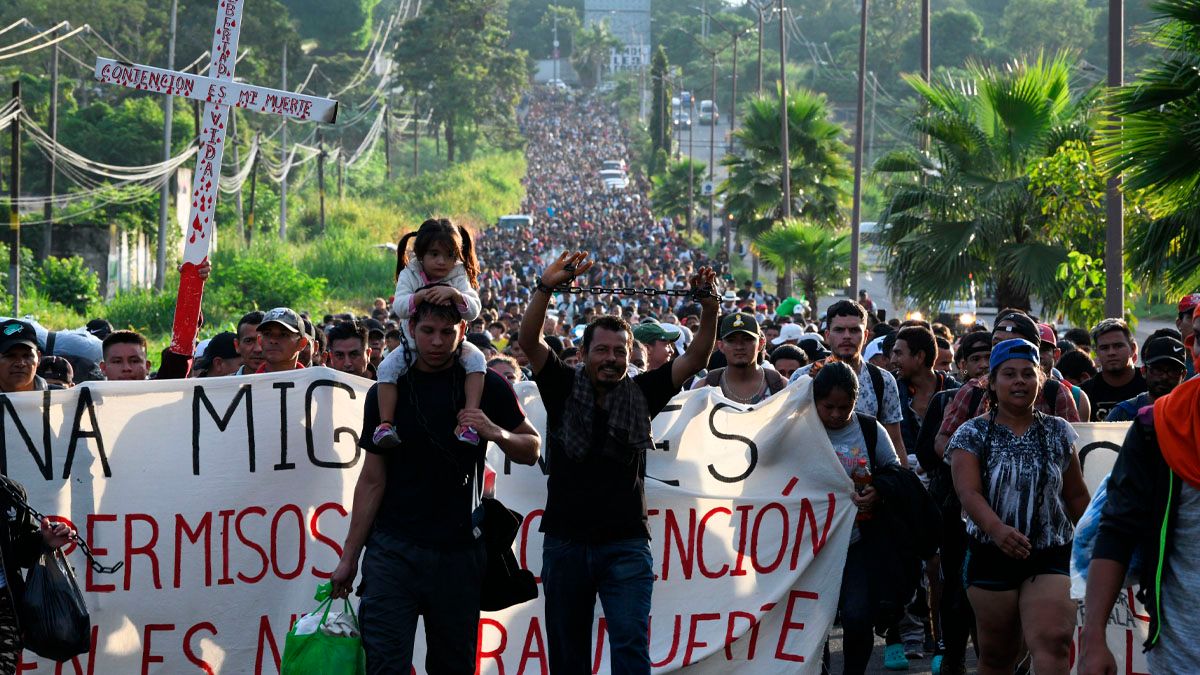 Migrants take part in a caravan towards the border with the United States in Tapachula, Chiapas State, Mexico, on Oct. 30, 2023. (Photo by ISAAC GUZMAN/AFP via Getty Images) (ISAAC GUZMAN/AFP via Getty Images)