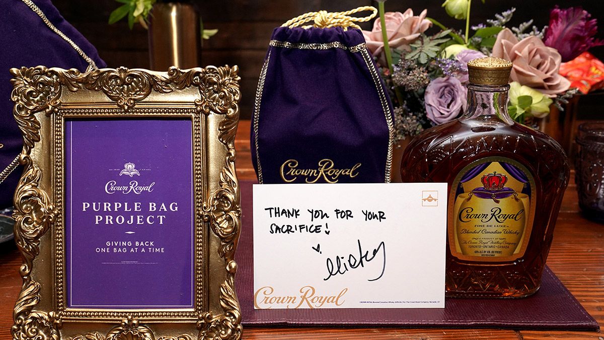 A card signed by Mickey Guyton to be sent to a military hero is seen at Crown Royal Purple Bag Project at the 56th Academy of Country Music Awards at the Renaissance Hotel on April 18, 2021 in Nashville, Tennessee. (Photo by Erika Goldring/Getty Images for ACM) (Erika Goldring/Getty Images for ACM)