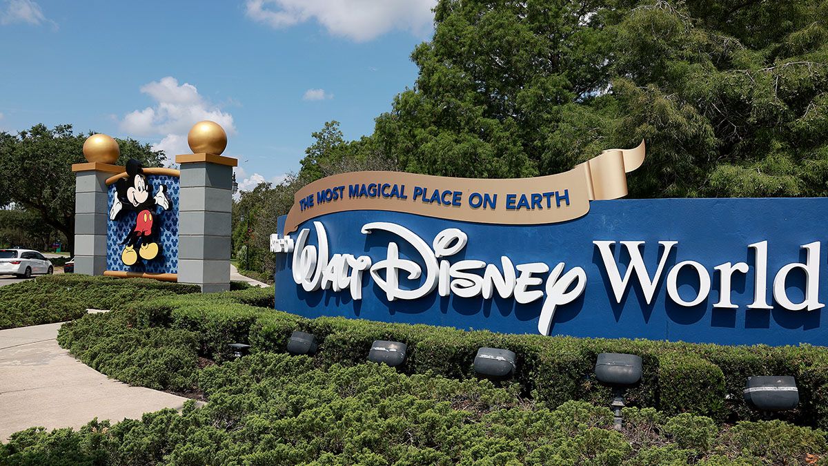 A sign near an entranceway to Walt Disney World Resort on May 22, 2023 in Orlando, Florida. (Photo by Joe Raedle/Getty Images) (Joe Raedle/Getty Images)