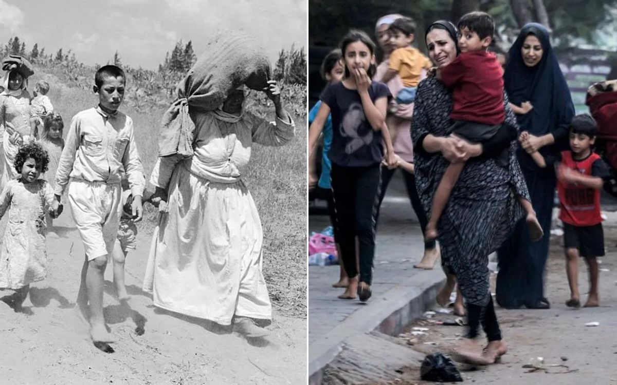 Left: Palestinian women with their children seen fleeing their homes during the violence of the Nakba, or catastrophe, 1948. Right: Palestinian women with their children seen fleeing their homes following Israeli airstrikes on Gaza, 2023. ( Getty Images)