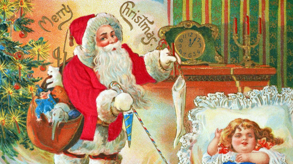 Postcard for Christmas with Santa Claus filling the stockings on Christmas morning. (Photo by Pierce Archive LLC/Buyenlarge via Getty Images) (Pierce Archive LLC/Buyenlarge via Getty Images)