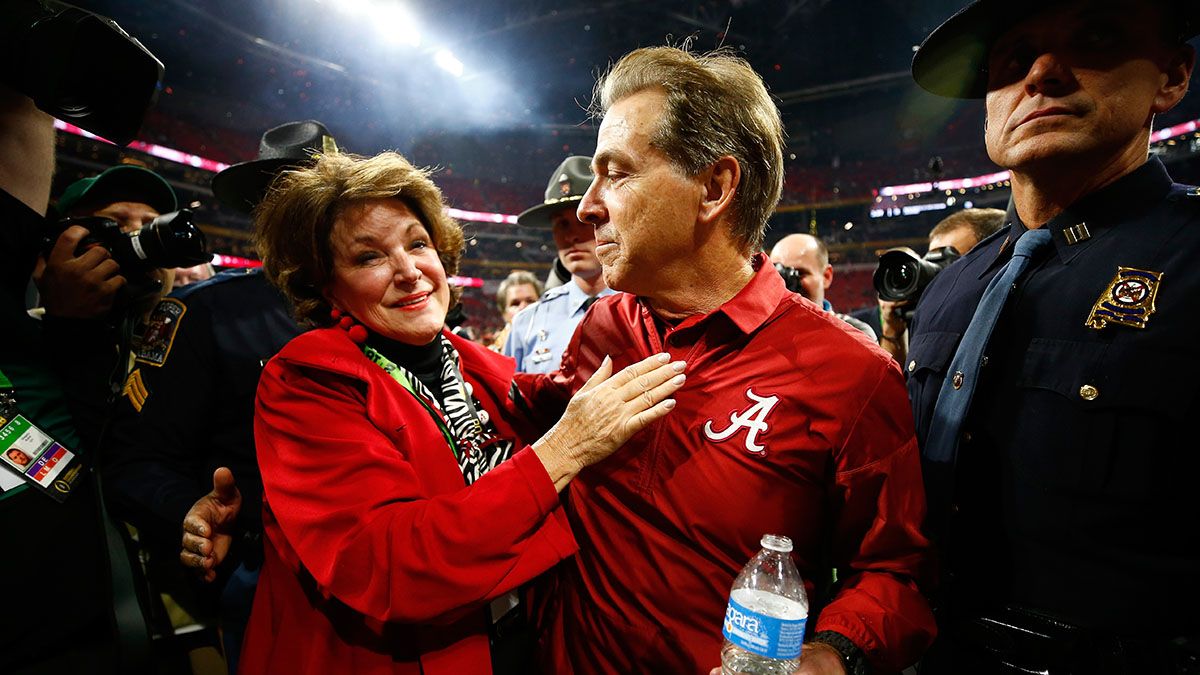 Head coach Nick Saban of the Alabama Crimson Tide celebrates with his wife Terry after beating the Georgia Bulldogs in overtime to win the CFP National Championship presented by AT&T at Mercedes-Benz Stadium on Jan. 8, 2018 in Atlanta, Georgia. Alabama won 26-23. (Photo by Jamie Squire/Getty Images) (Jamie Squire/Getty Images)