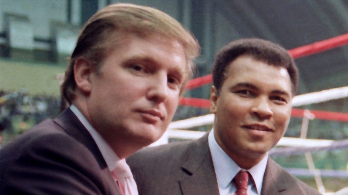 Donald Trump and Muhammad Ali pose ringside for Tyson vs Holmes at Convention Hall in Atlantic City, New Jersey on Jan. 22, 1988. (Photo by Jeffrey Asher/Getty Images) (Jeffrey Asher/Getty Images)
