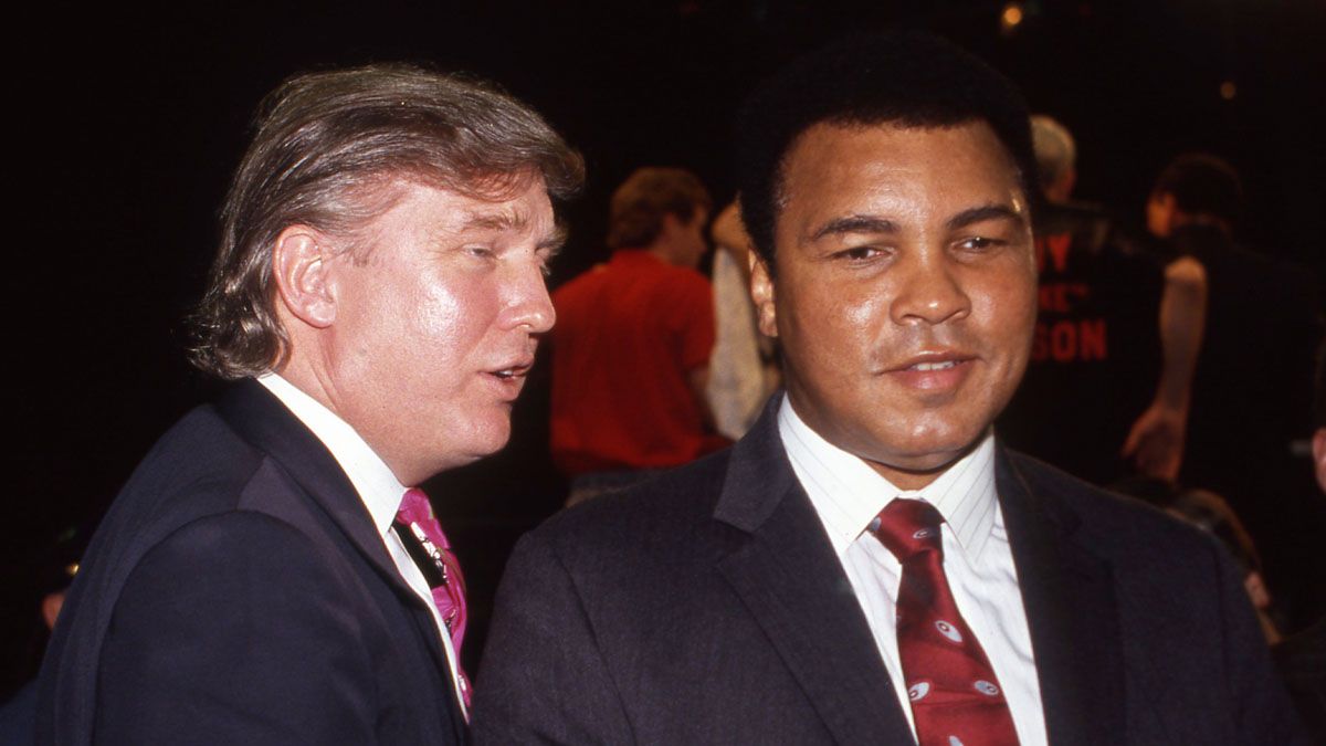 Muhammad Ali and Donald Trump attend the Evander Holyfield vs. George Foreman boxing match at the Trump Plaza Hotel and Casino in 1991. (Photo by Andrew D. Bernstein/Getty Images) (Andrew D. Bernstein/Getty Images)