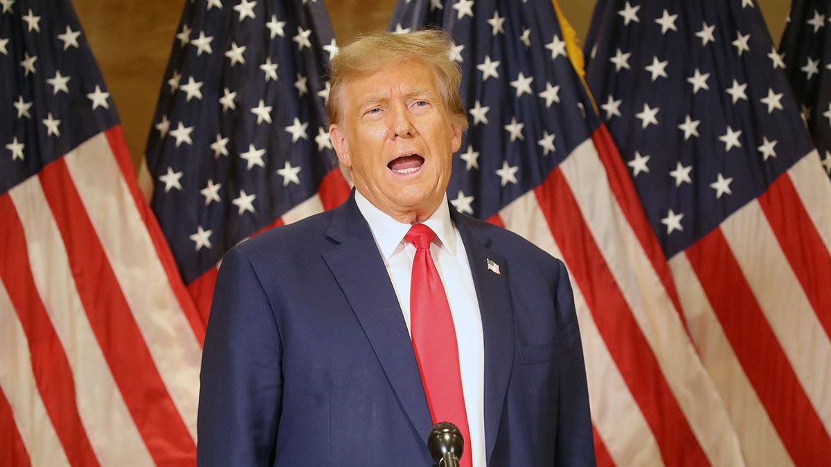 Former U.S. President Donald Trump speaks to the media at one of his properties, 40 Wall Street, following closing arguments at his civil fraud trial on Jan. 11, 2024 in New York City. The former president, who is currently the front runner for the Republican nomination, attended the closing arguments for the trial which will now go to the judge for the penalty phase in which New York Attorney General Letitia James is seeking $370 million in damages and to prohibit Trump from doing business in the state. (Photo by Spencer Platt/Getty Images) (Spencer Platt/Getty Images)