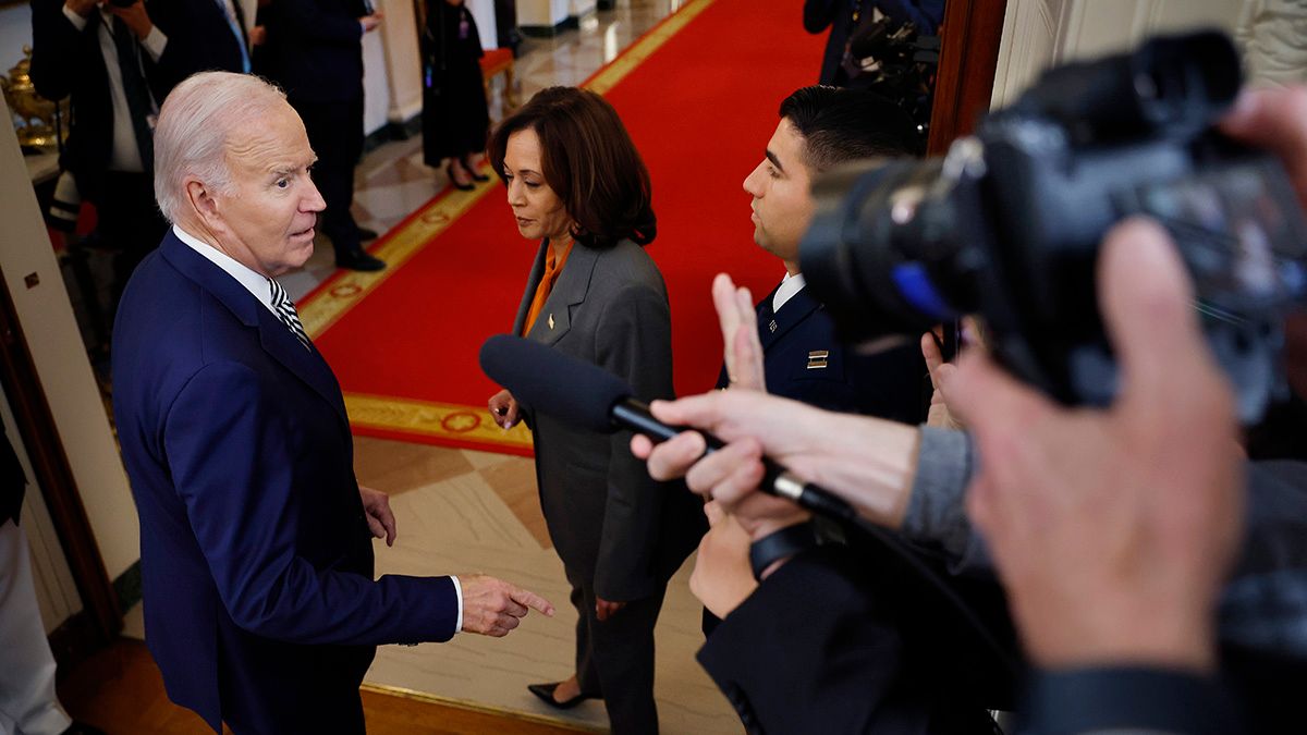U.S. President Joe Biden and Vice President Kamala Harris depart an event highlighting their administration's approach to artificial intelligence in the East Room of the White House on Oct. 30, 2023, in Washington, DC. (Photo by Chip Somodevilla/Getty Images) (Chip Somodevilla/Getty Images)