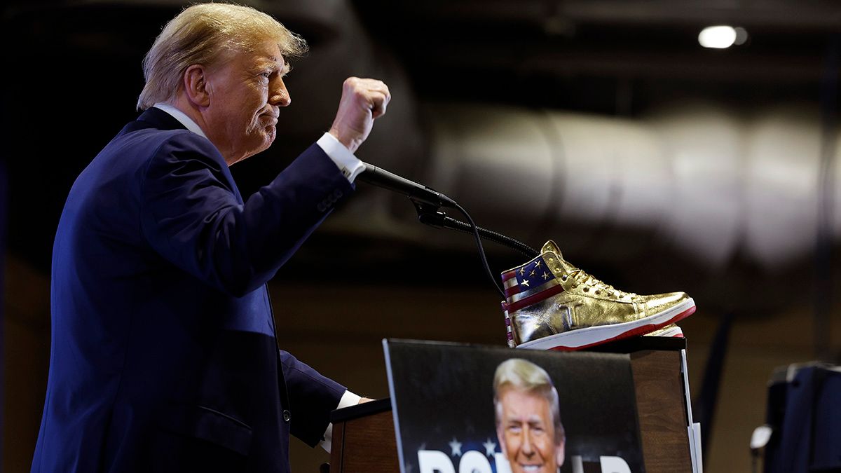 Former U.S. President Donald Trump takes the stage to introduce a new line of signature shoes at Sneaker Con at the Philadelphia Convention Center on Feb. 17, 2024, in Philadelphia, Pennsylvania. (Photo by Chip Somodevilla/Getty Images) (Chip Somodevilla/Getty Images)