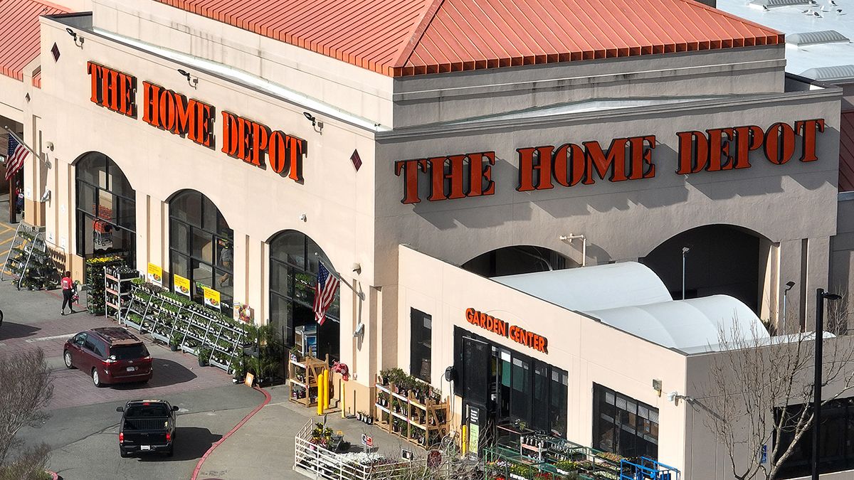 In an aerial view, a sign is seen posted on the exterior of a Home Depot store on Feb. 21, 2023, in El Cerrito, California. Home improvement retailer Home Depot announced plans to spend an estimated $1 billion to raise pay and benefits for hourly workers at its stores. (Photo by Justin Sullivan/Getty Images) (Justin Sullivan/Getty Images)