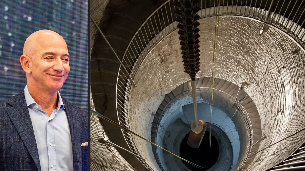 Jeff Bezos on the left. The clock's drive weight from above. Picture from https://longnow.org/. Creative license: https://creativecommons.org/licenses/by-nc-nd/4.0/ (Getty Images/The Long Now Foundation)