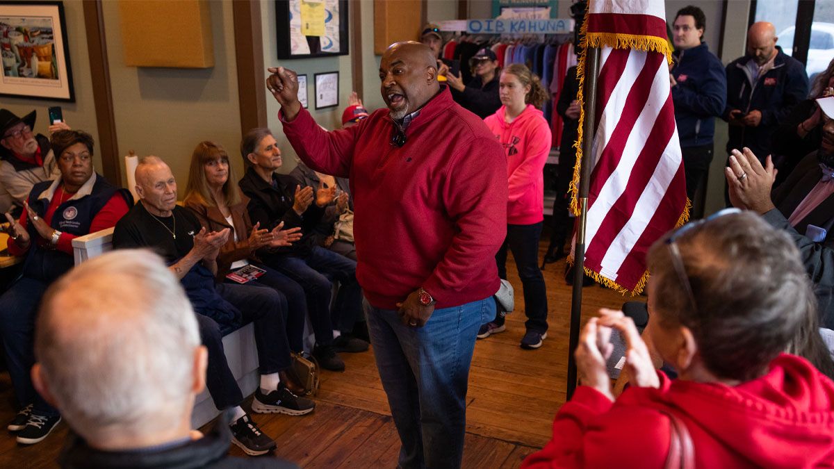Mark Robinson addresses supporters during a campaign event at Pelican's Perch Bar & Grill in Ocean Isle Beach, North Carolina, on Feb. 17, 2024. (Photo by Madeline Gray for The Washington Post via Getty Images) (Madeline Gray for The Washington Post via Getty Images)