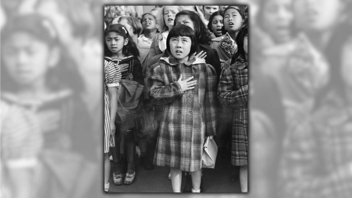 Pledge of Allegiance, Raphael Weill Elementary School, San Francisco, April 20, 1942. (Dorothea Lange/Library of Congress)