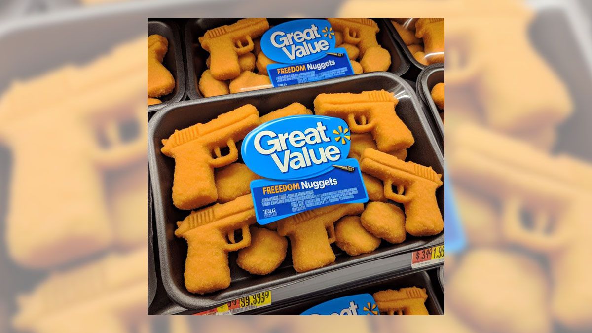 A picture purportedly showed Walmart was selling chicken nuggets in the shape of small pistols or guns named Great Value Freedom Nuggets. Facebook