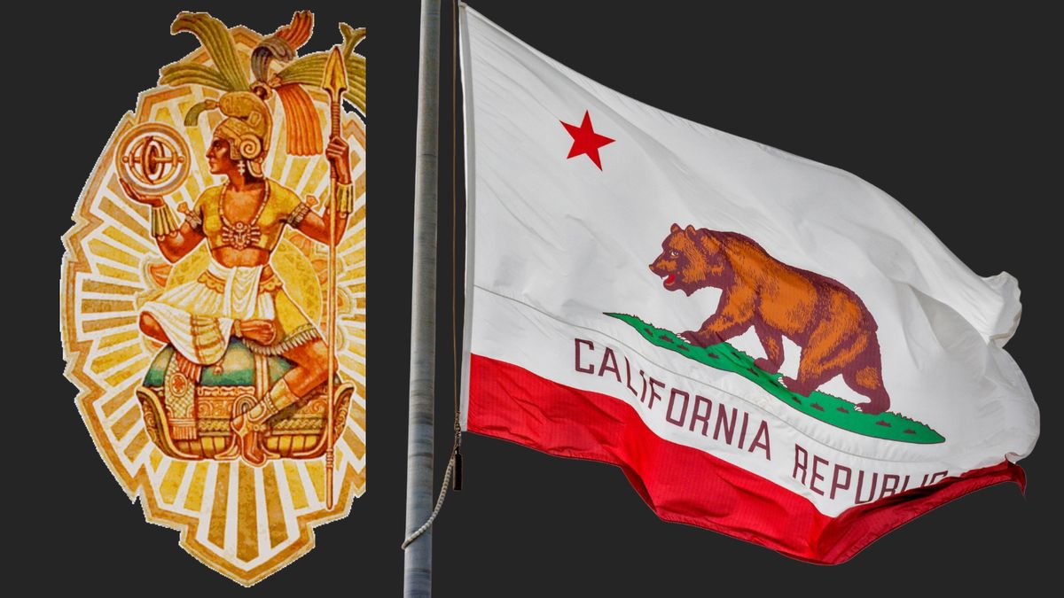 Detail of Queen Califia in the "California's Name" mural (Lucile Lloyd, 1937) and California Flag. (Public domain and Getty Images.)