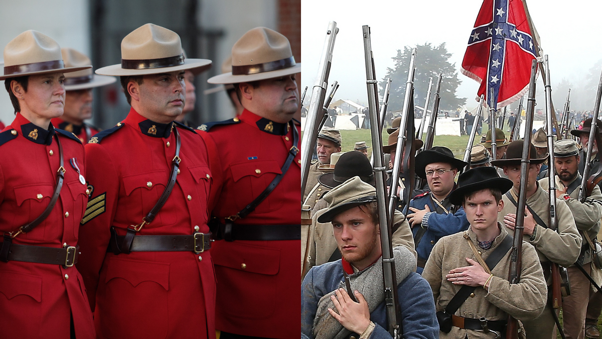 Royal Canadian Mounted Police in April 2017 (left), and American Civil War re-enactors in April 2015 (right). (Getty Images)