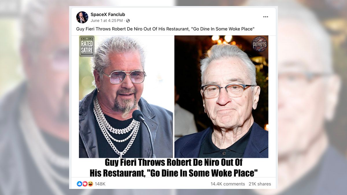 Guy Fieri kicked Robert De Niro out of his restaurant. – Snopes.com