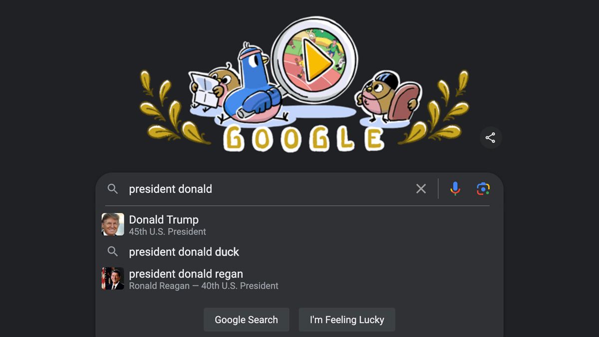 A Google search prediction for former U.S. President Donald Trump appears above two unrelated predictions in July 2024, days after some users noticed the prediction's absence. (Google)