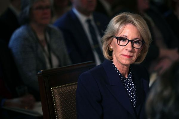 WASHINGTON, DC - MARCH 18:  U.S. Secretary of Education Betsy DeVos listens during an Interagency Working Group on Youth Programs meeting at the State Dining Room of the White House March 18, 2019 in Washington, DC. First lady Melania Trump convened a meeting of the group to discuss youth programs that align with her Be Best initiative.  (Photo by Alex Wong/Getty Images) (Getty Images)