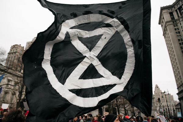 NEW YORK, NY - DECEMBER 06: A flag bearing the logo of the environmental activist group Extinction Rebellion waves during a youth-led climate strike near City Hall on December 6, 2019 in New York City. Hundreds attended the strike, the latest in a series of school walk-outs dubbed "Fridays For Future." (Photo by Scott Heins/Getty Images) (Scott Heins/Getty Images)